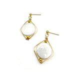 Isometric gold and mother of pearl drop earrings