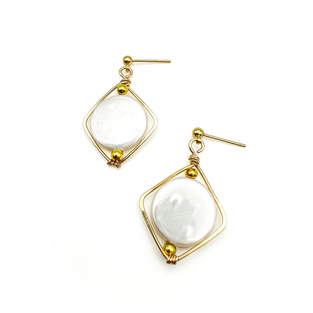 Isometric gold and mother of pearl drop earrings