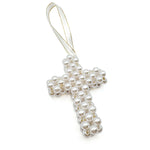 Pearl beaded chunky cross ornament with white ribbon
