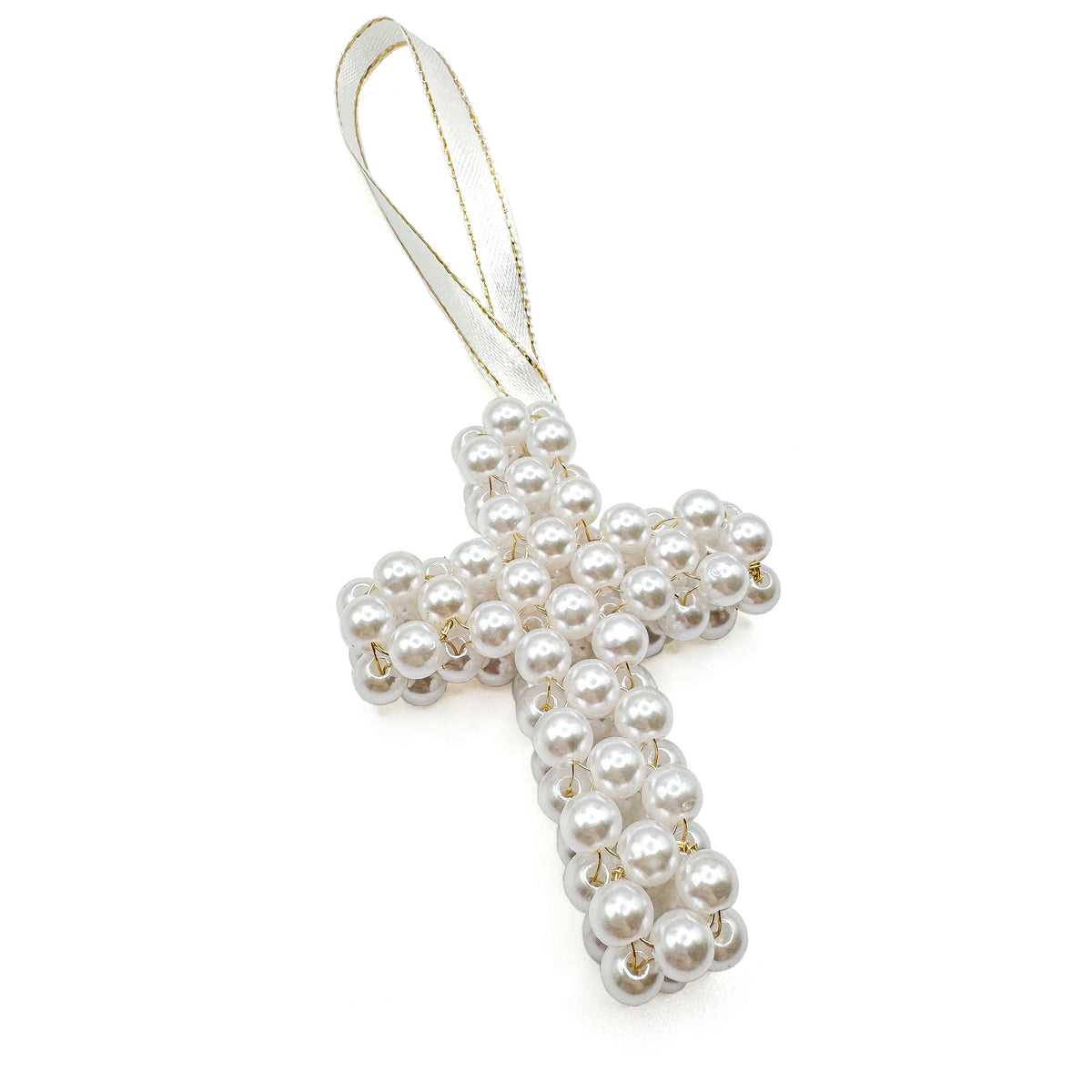 Pearl beaded chunky cross ornament with white ribbon