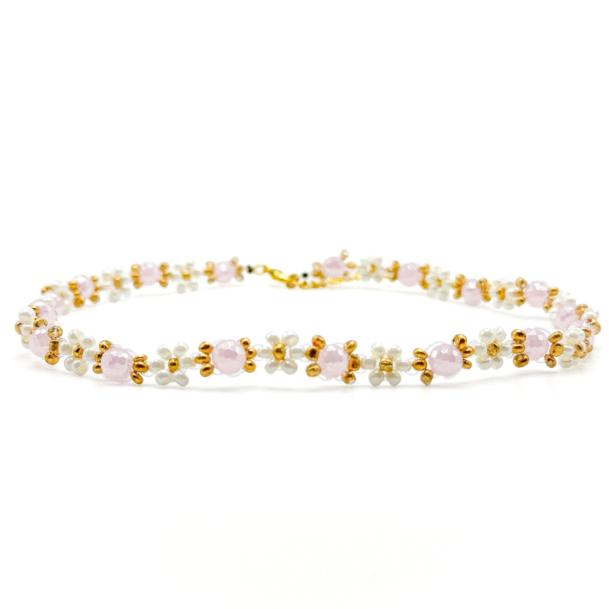 Pink pearl gold flower choker