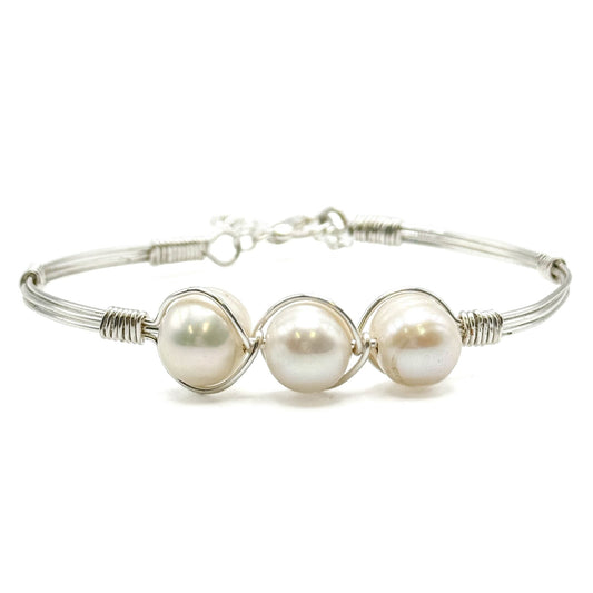 Pearl silver bangle bracelet