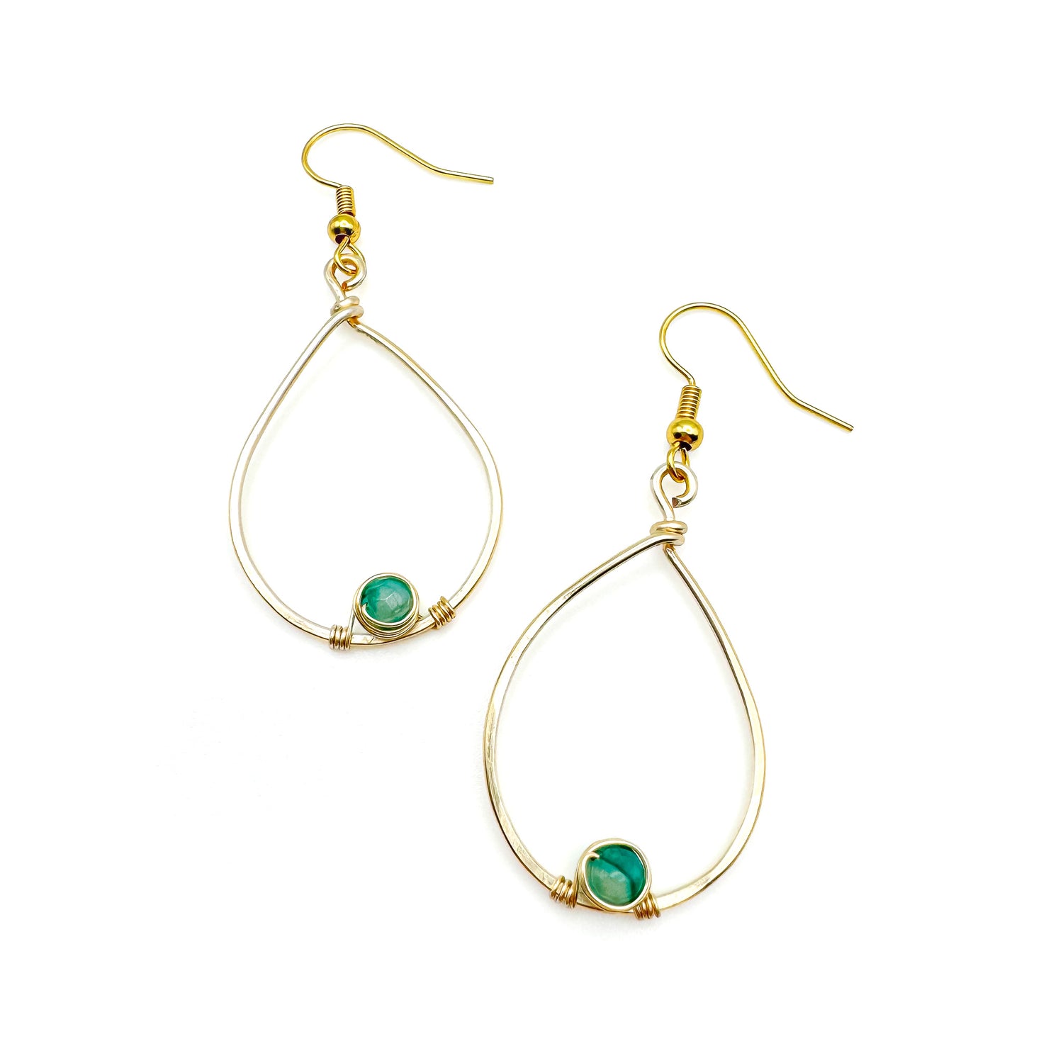 Gold teardrop dangle earrings with green agate drop