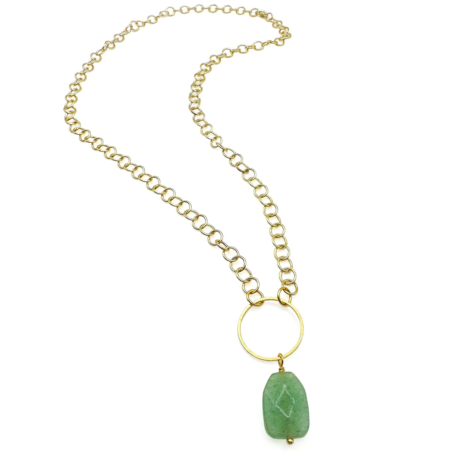 Gold circular chain necklace with green aventurine stone and gold hoop pendant