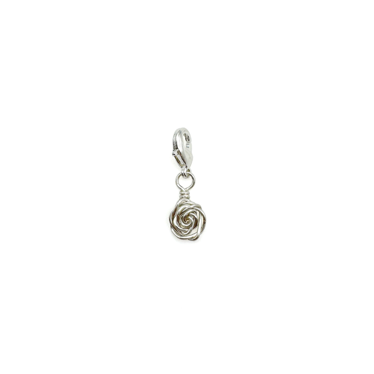Silver wire-wrapped rose flower charm with clasp