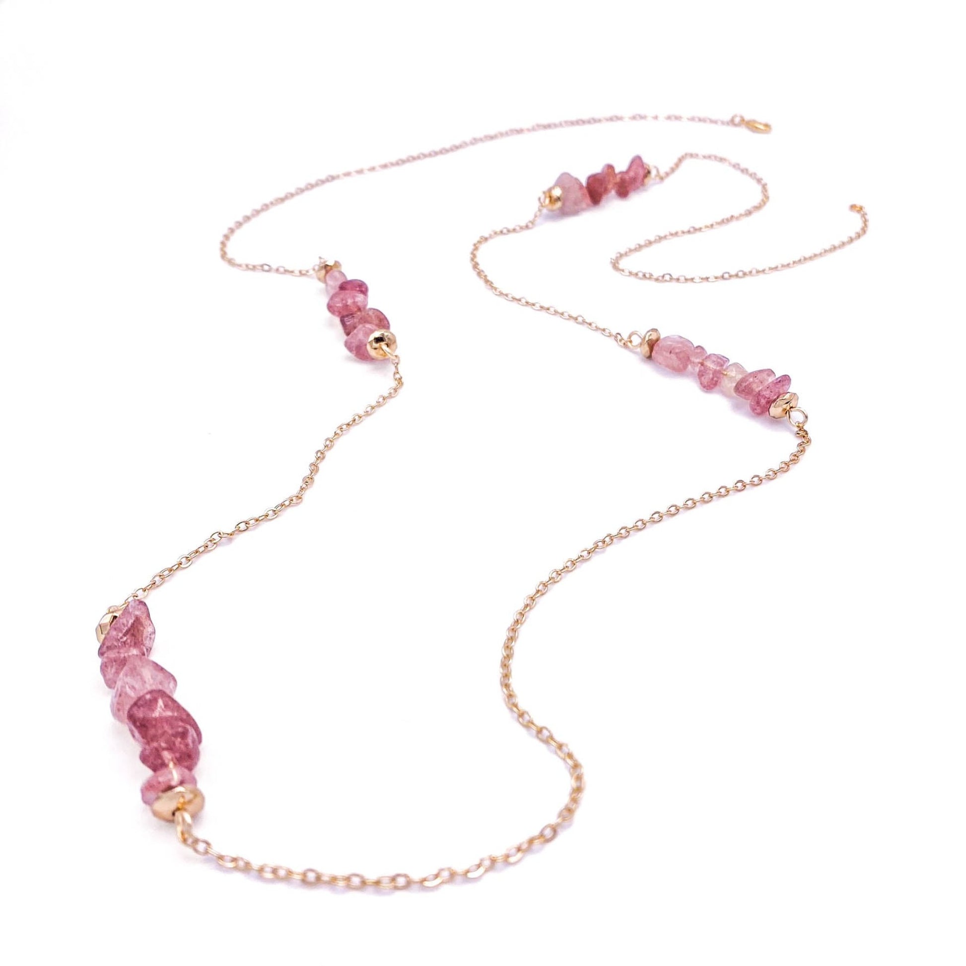 Pink quartz long gold necklace