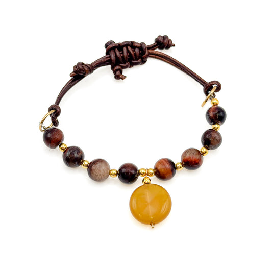 Brown agate leather gold bracelet