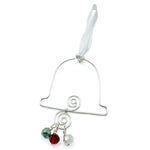 Silver wire-wrapped bell ornament with red, white, and green crystal beads and white ribbon