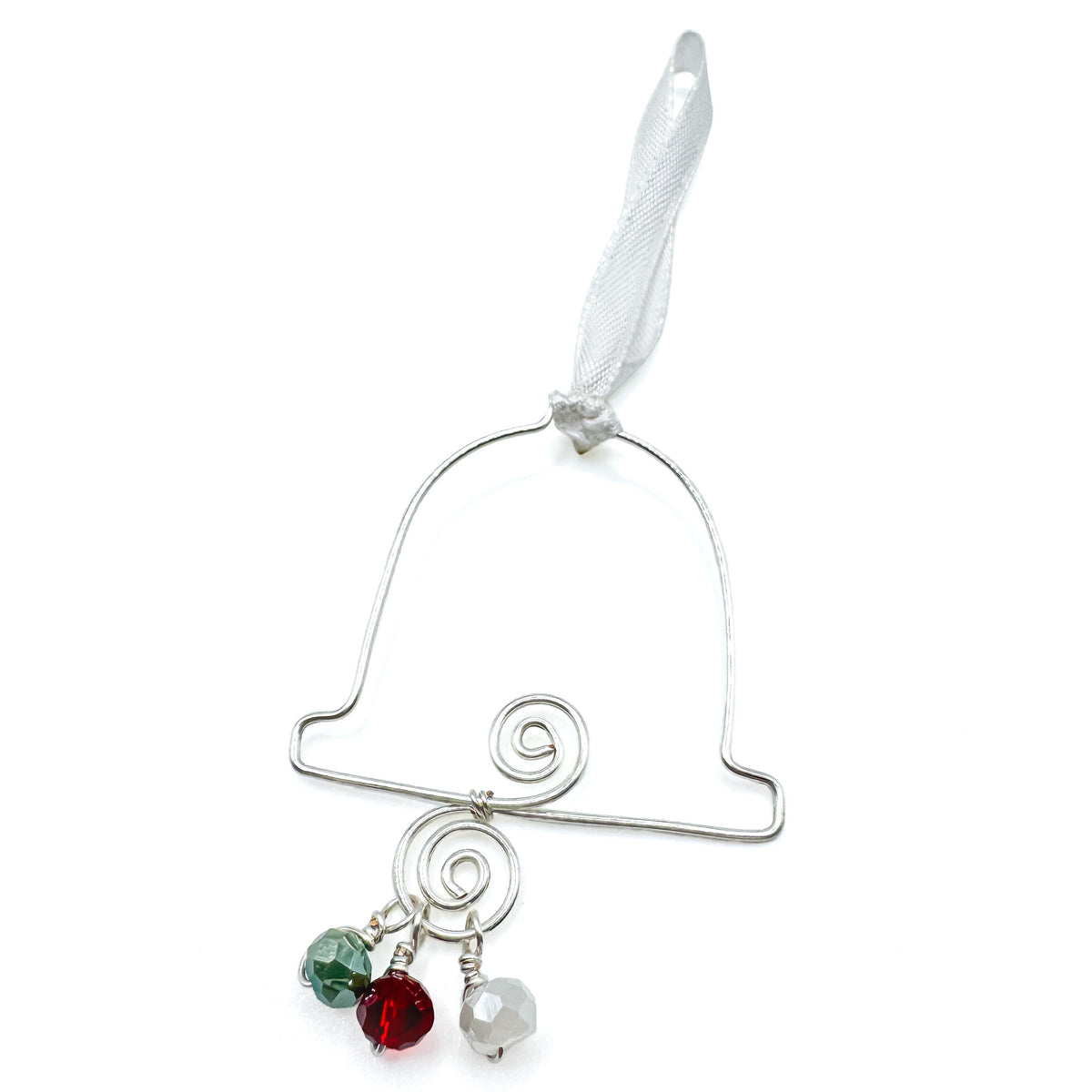 Silver wire-wrapped bell ornament with red, white, and green crystal beads and white ribbon
