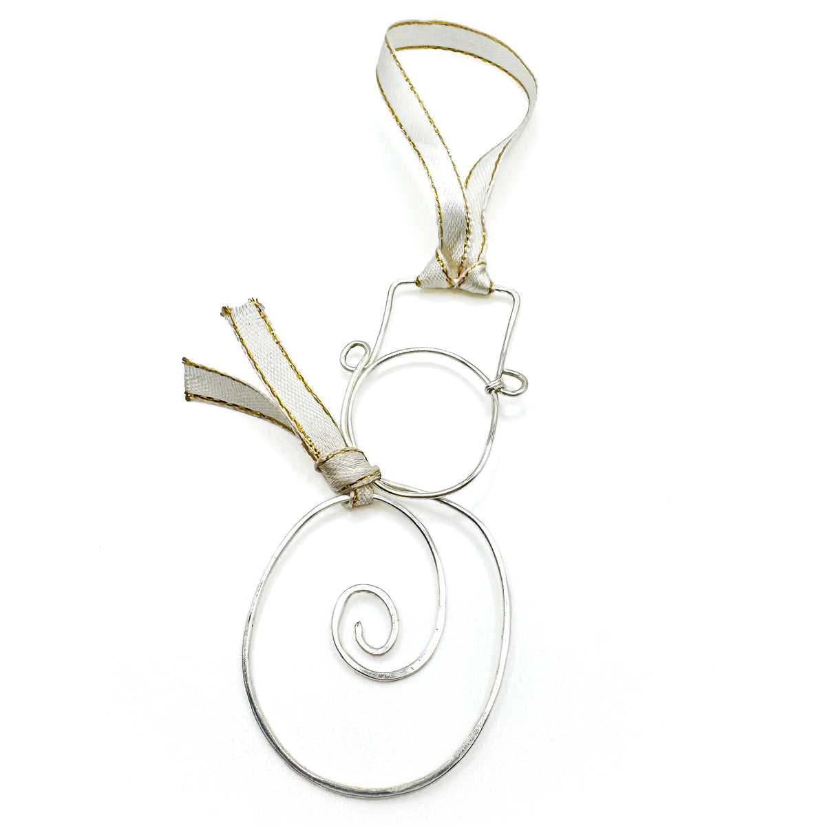 Silver wire-wrapped snowman ornament with gold ribbon scarf and gold ribbon