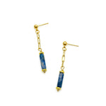 Gold post dangle earrings with blue cylindrical agate beads hanging from paperclip chain