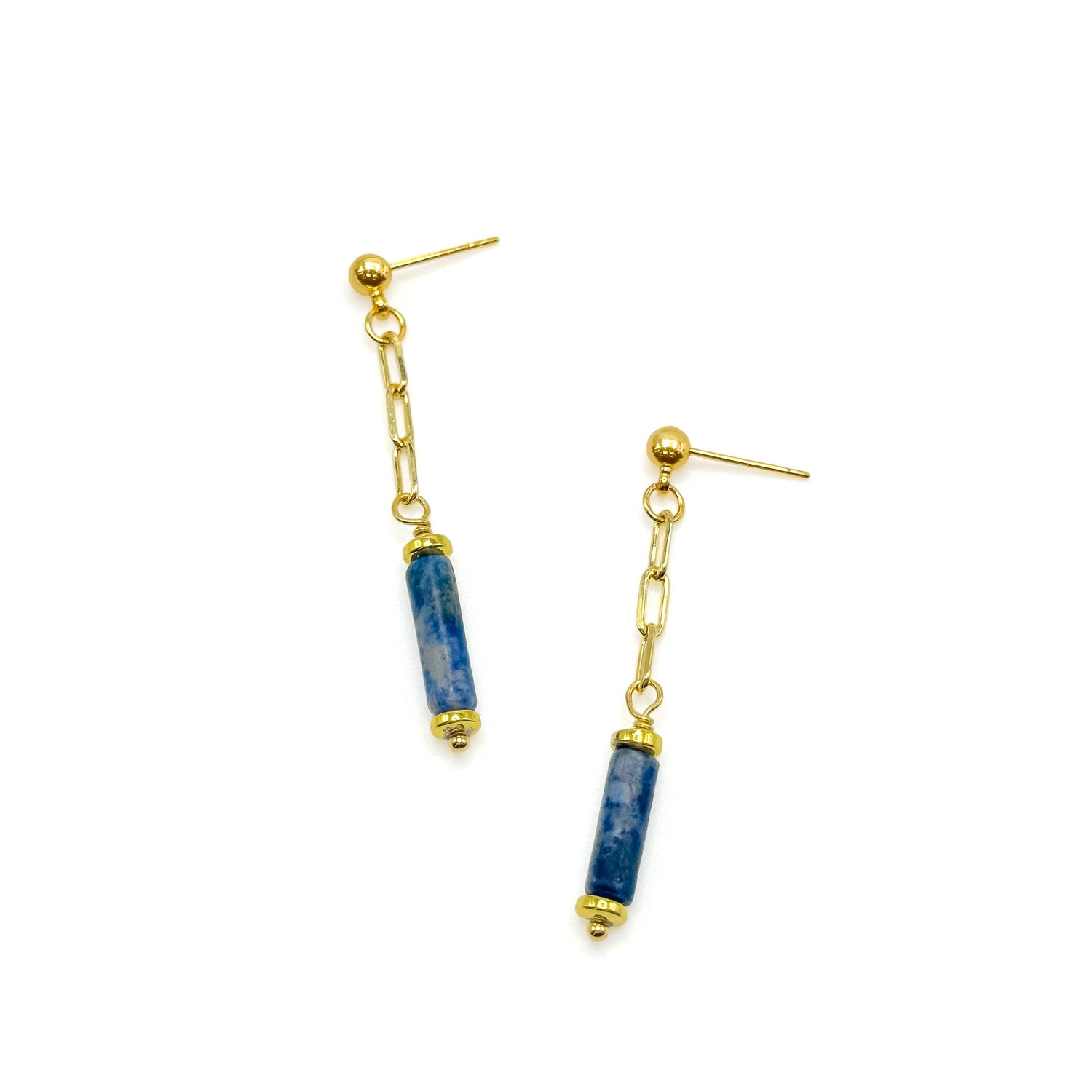 Gold post dangle earrings with blue cylindrical agate beads hanging from paperclip chain