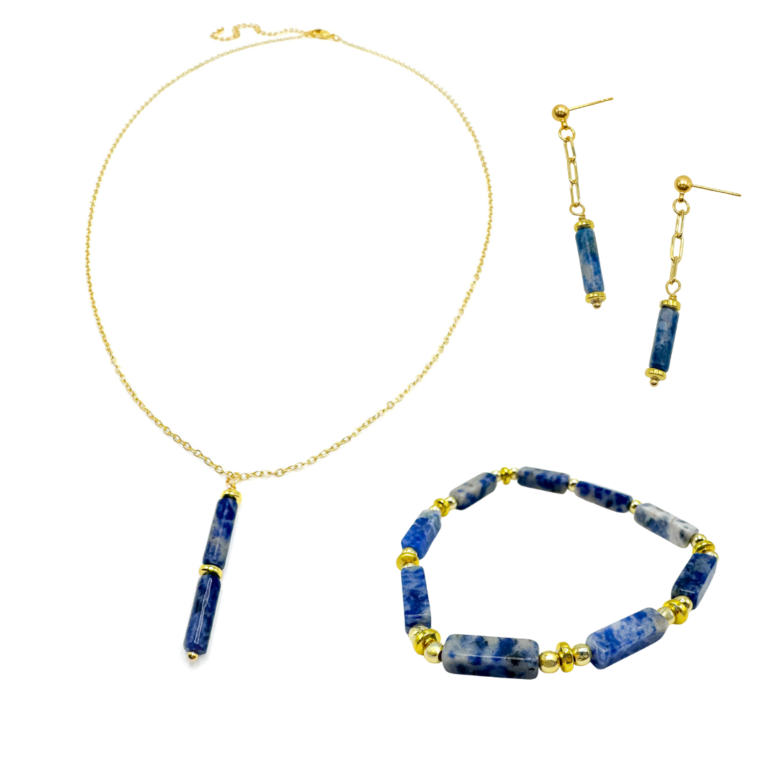 Gold and blue cylindrical agate jewelry set including dangle earrings, pendant necklace, and beaded stretch bracelet