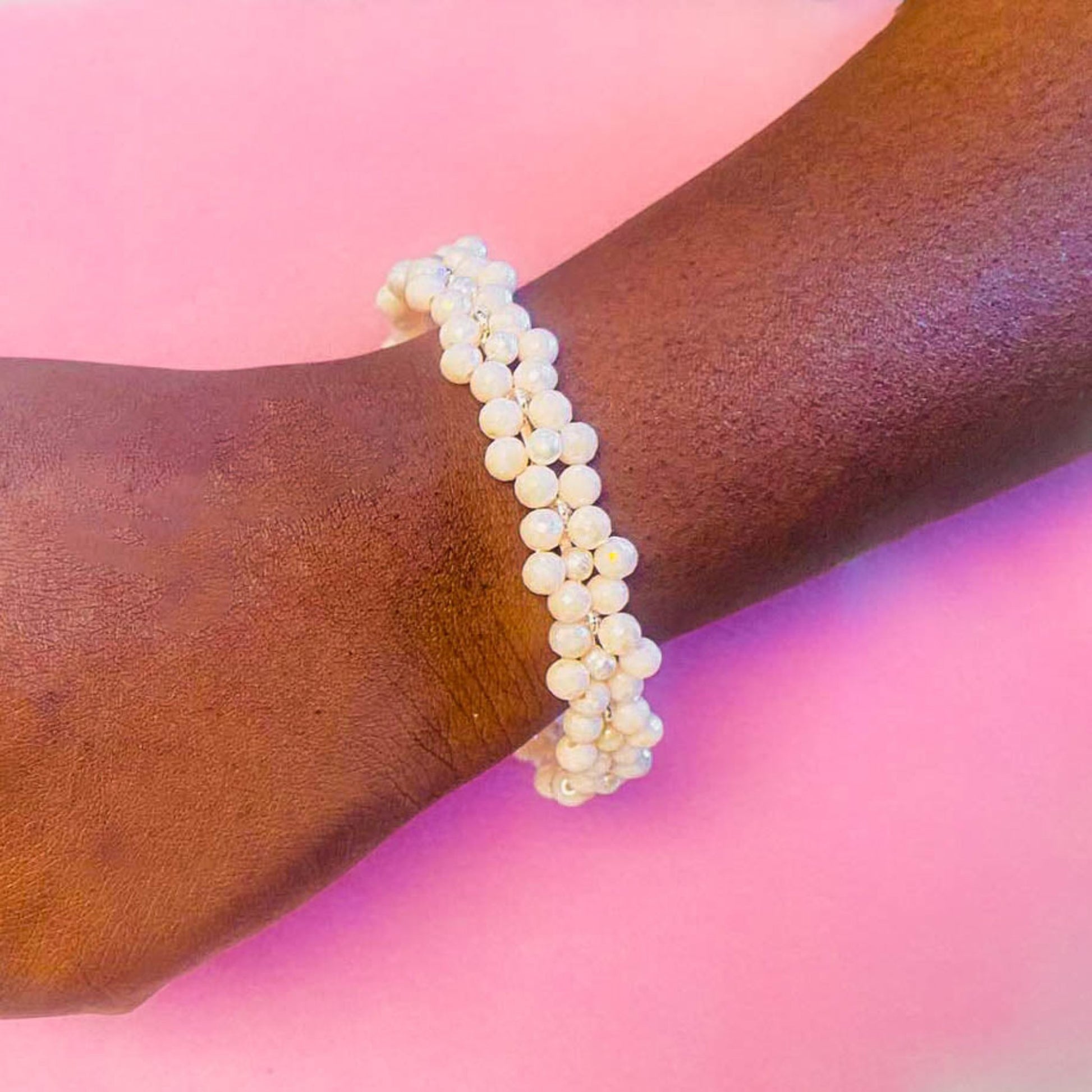 Peach pearl flower silver bracelet