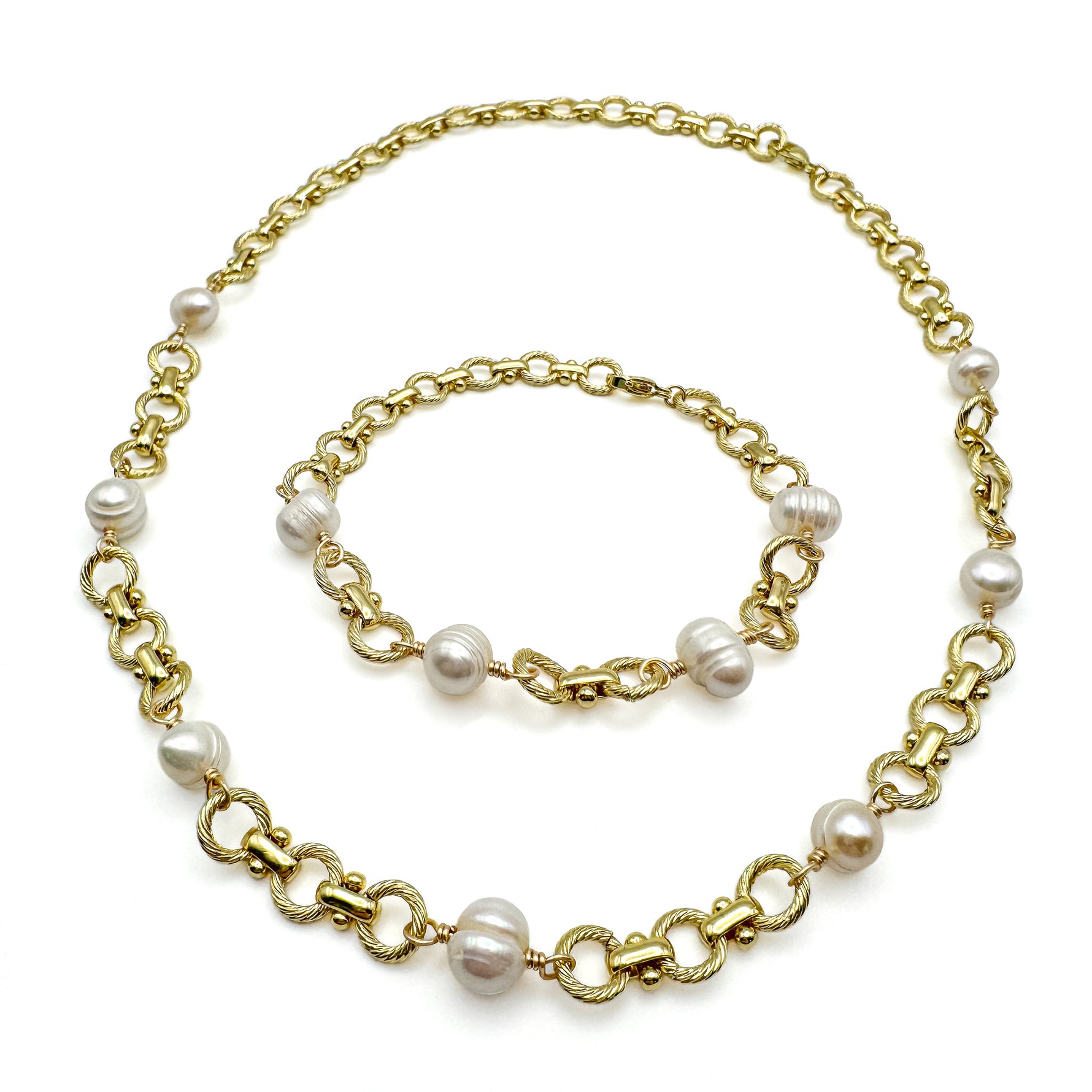 Gold twisted rope chain bracelet and necklace with freshwater pearl stations