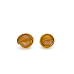 Gold wire-wrapped iridescent synthetic brown moonstone stud