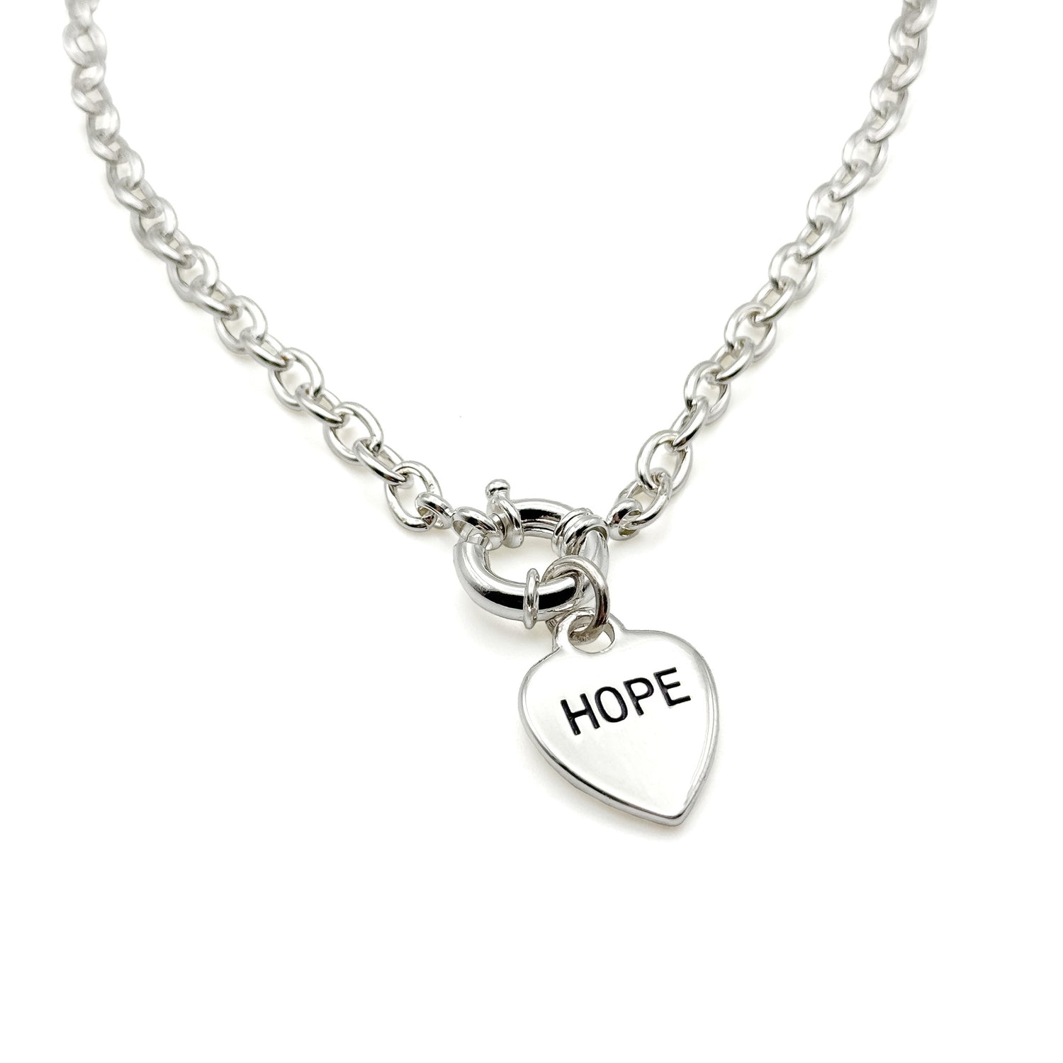Silver short chain necklace with silver heart reversable pendant with the word joy on one side and hope on the other