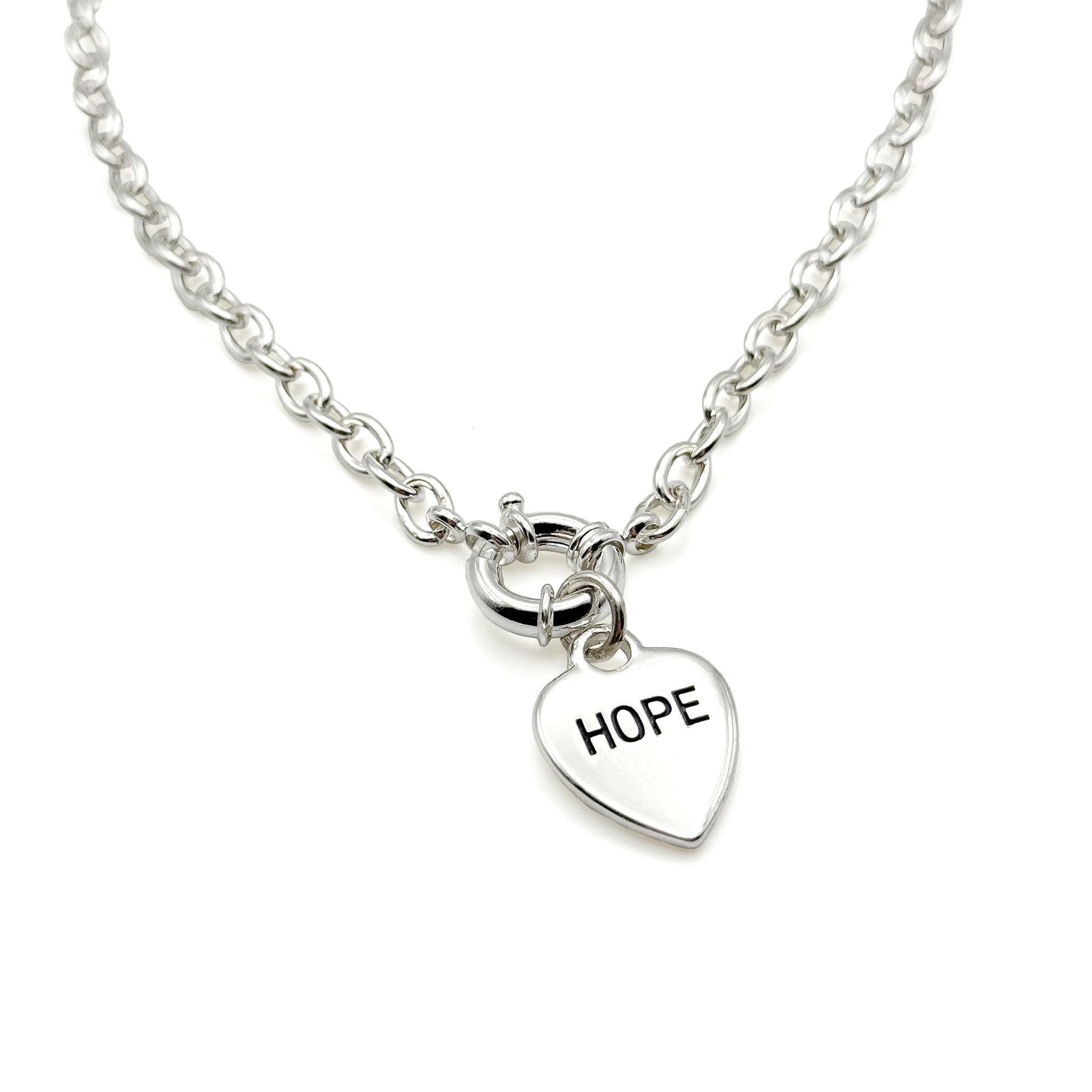 Silver short chain necklace with silver heart reversable pendant with the word joy on one side and hope on the other