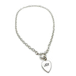 Silver short chain necklace with silver heart reversable pendant with the word joy on one side and hope on the other