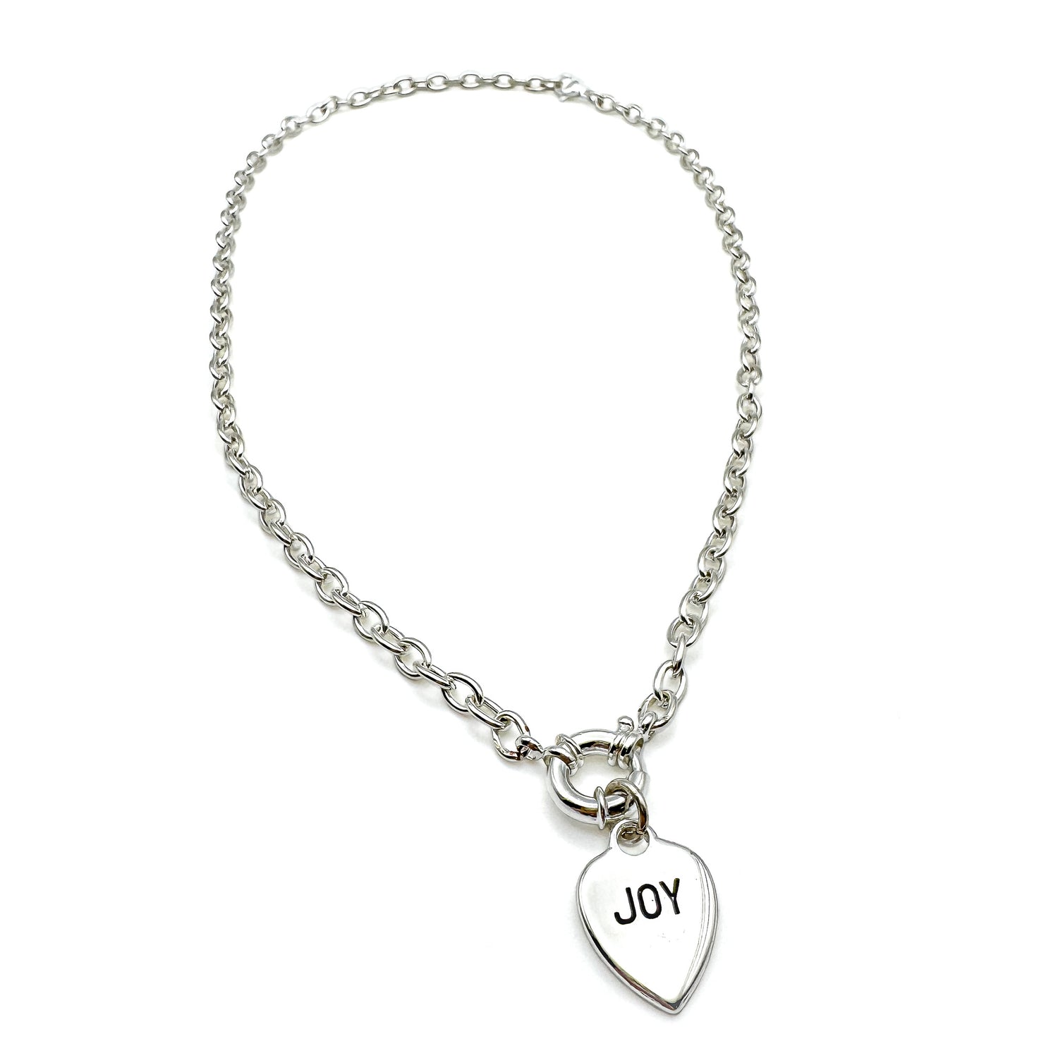 Silver short chain necklace with silver heart reversable pendant with the word joy on one side and hope on the other