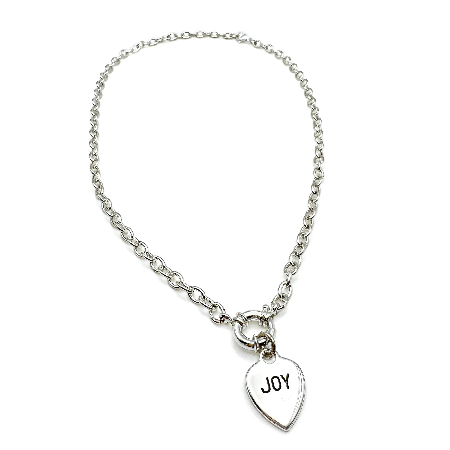 Silver short chain necklace with silver heart reversable pendant with the word joy on one side and hope on the other