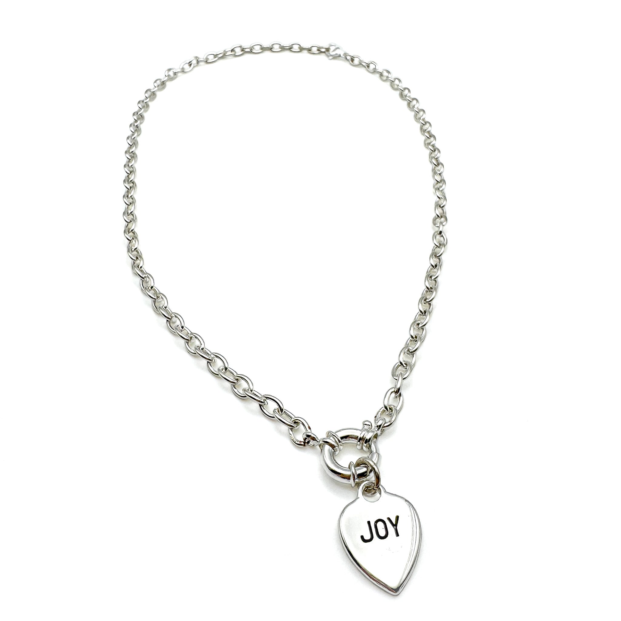 Silver short chain necklace with silver heart reversable pendant with the word joy on one side and hope on the other