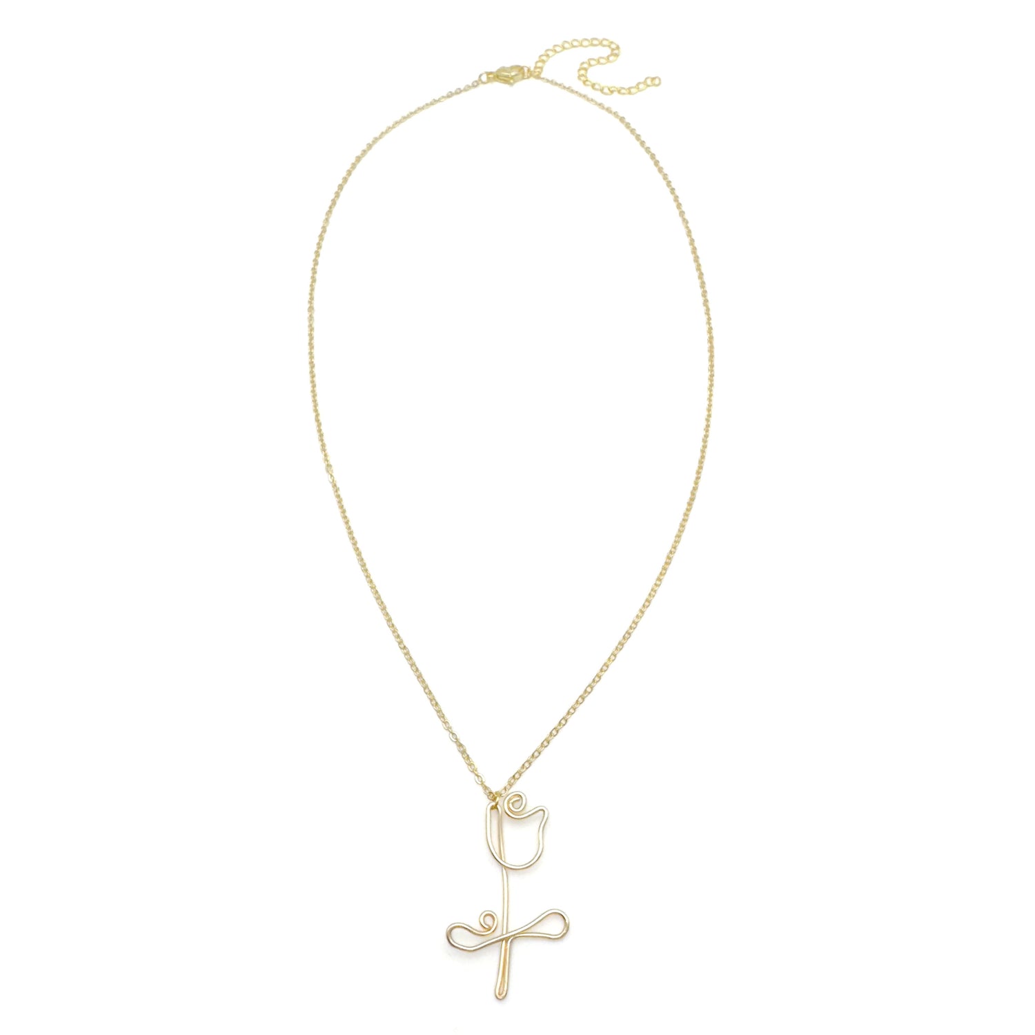 Short gold necklace with handcrafted wire pendant shaped like a tulip