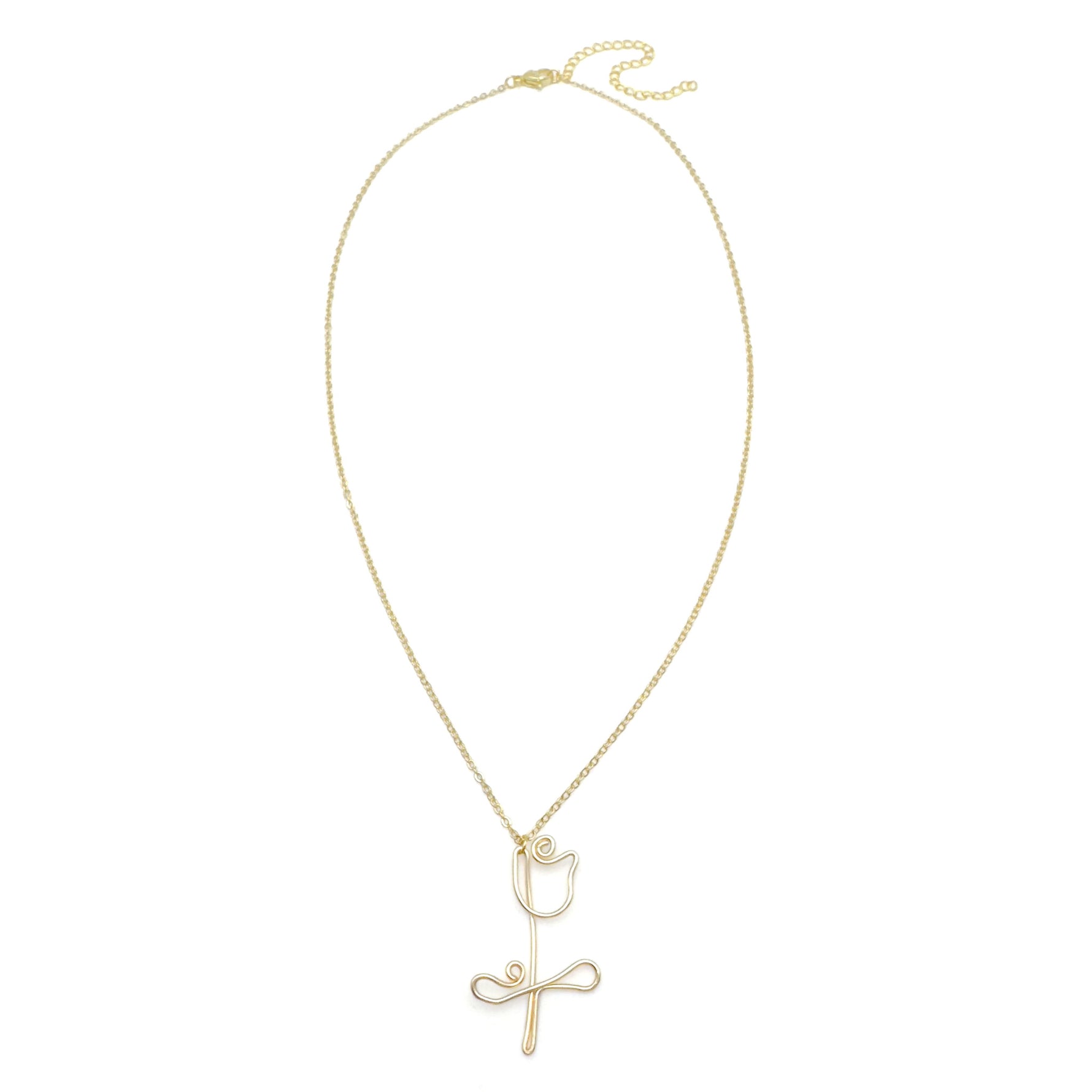 Short gold necklace with handcrafted wire pendant shaped like a tulip