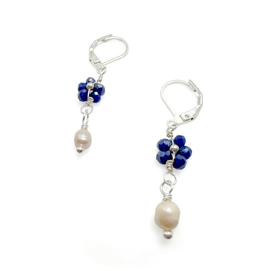 Blue flower pearl silver earrings