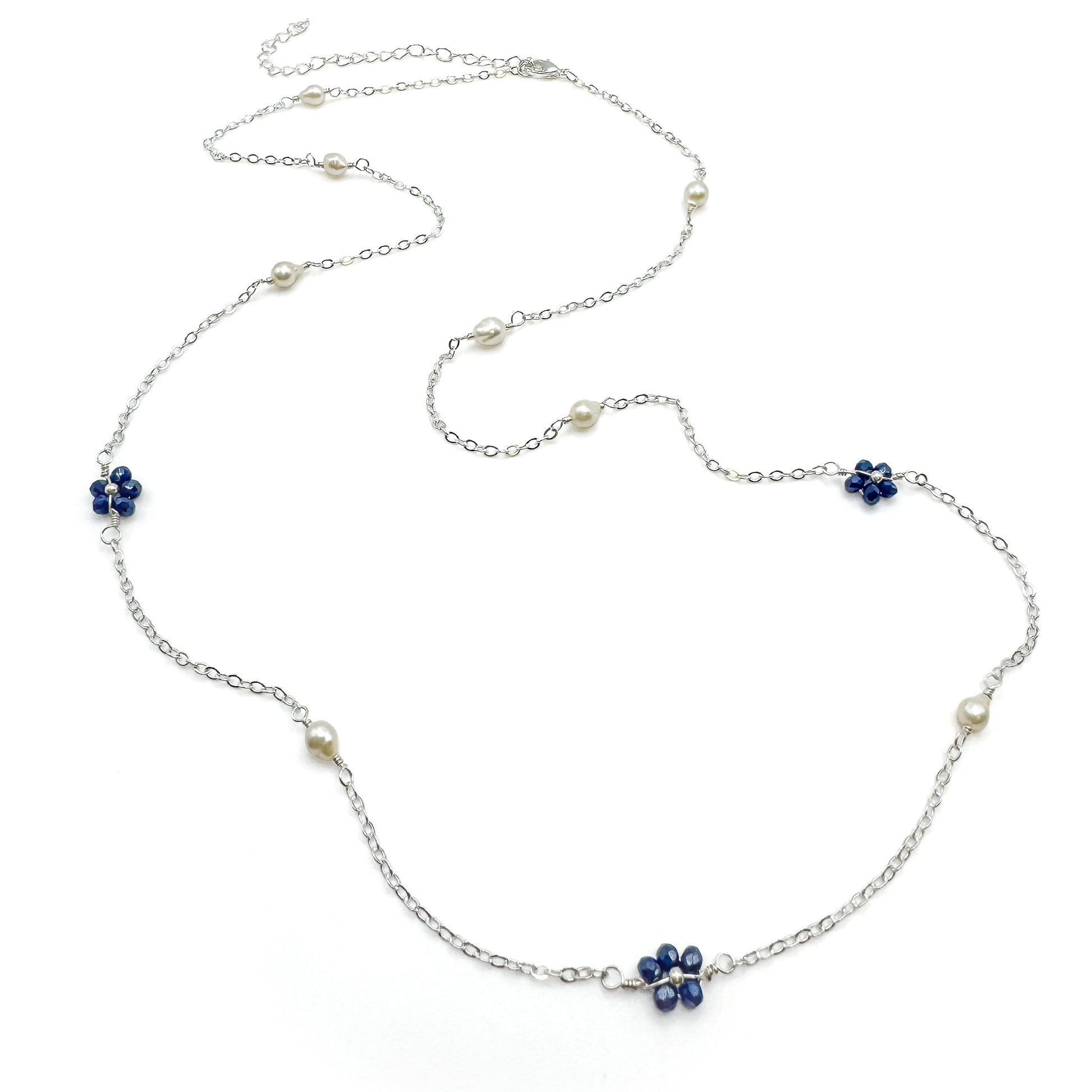 Blue flower pearl silver necklace