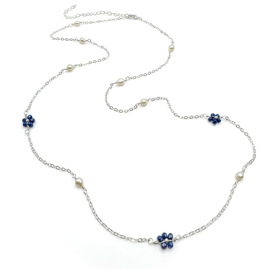 Blue flower pearl silver necklace