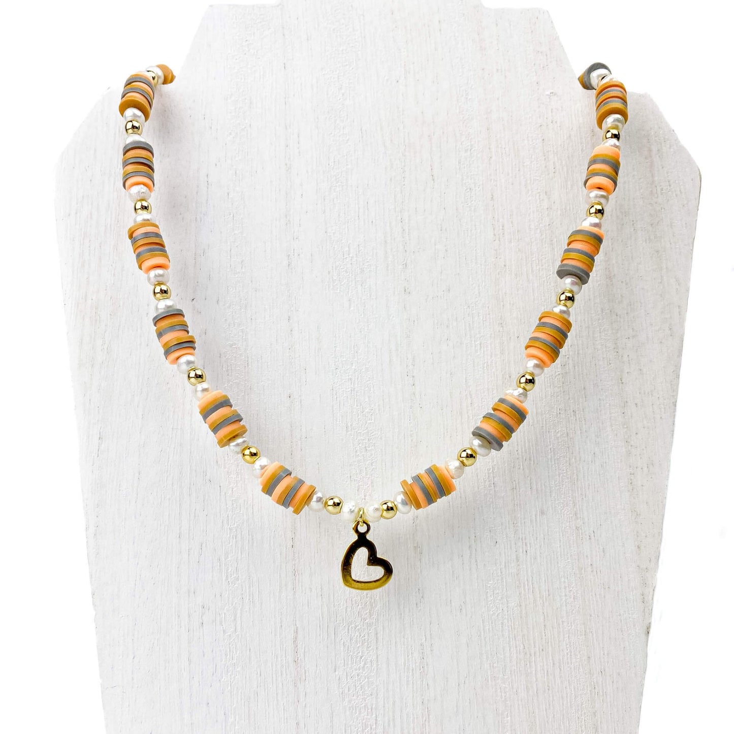 Orange pearl gold heart necklace