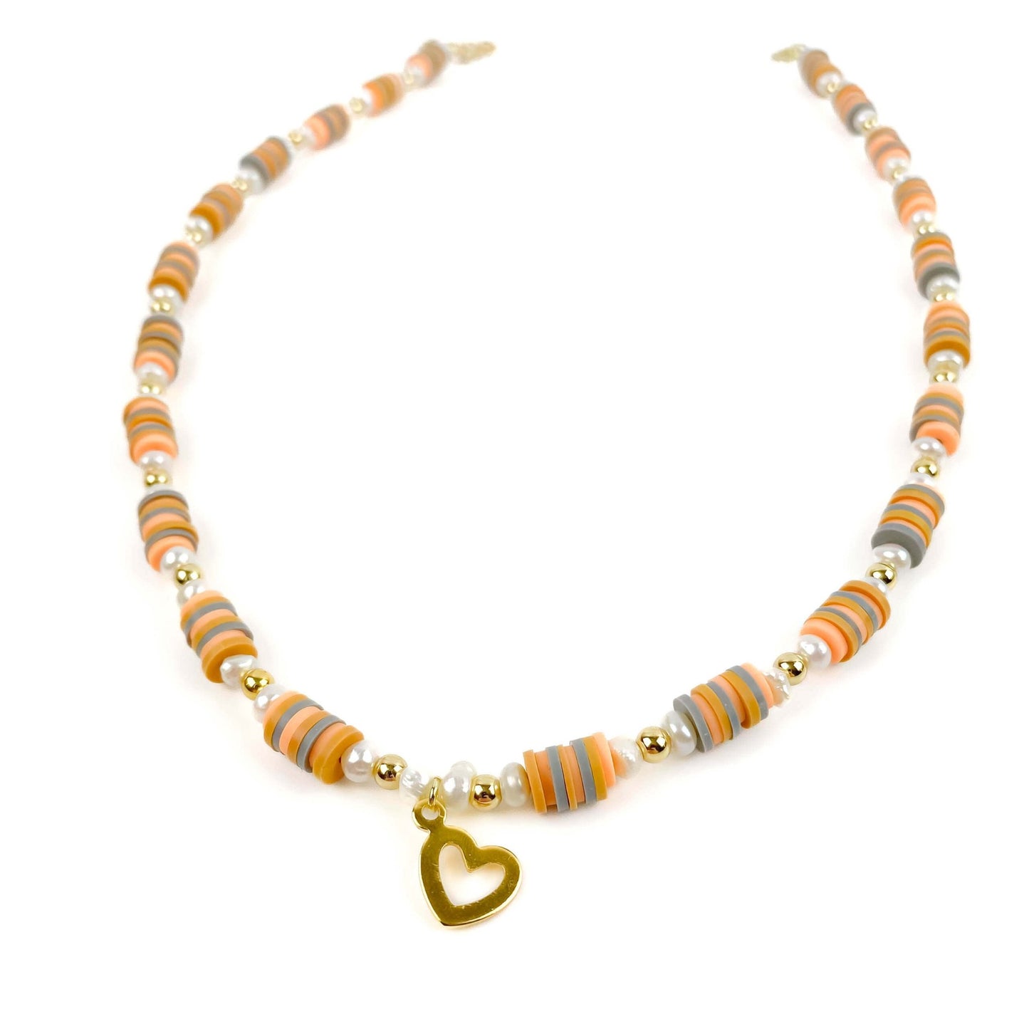 Orange pearl gold heart necklace