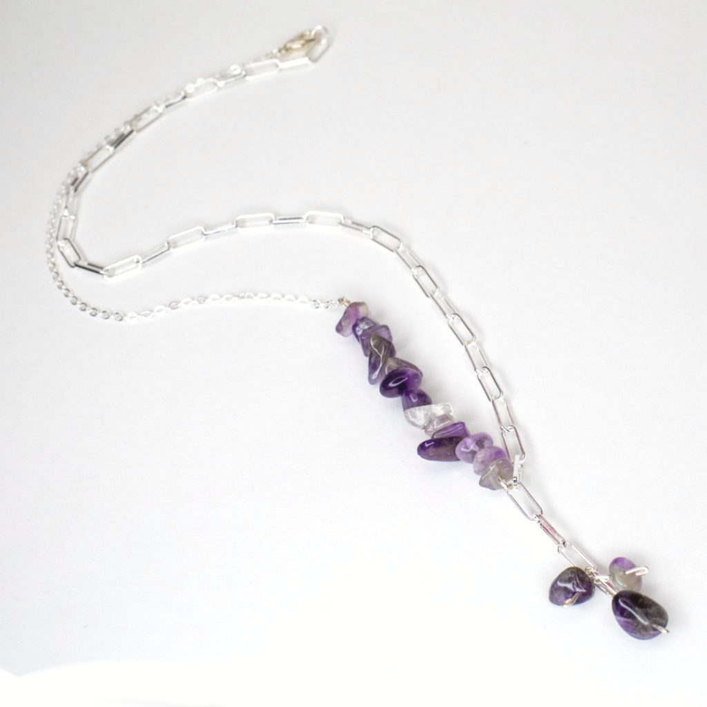 Amethyst chip silver Y necklace