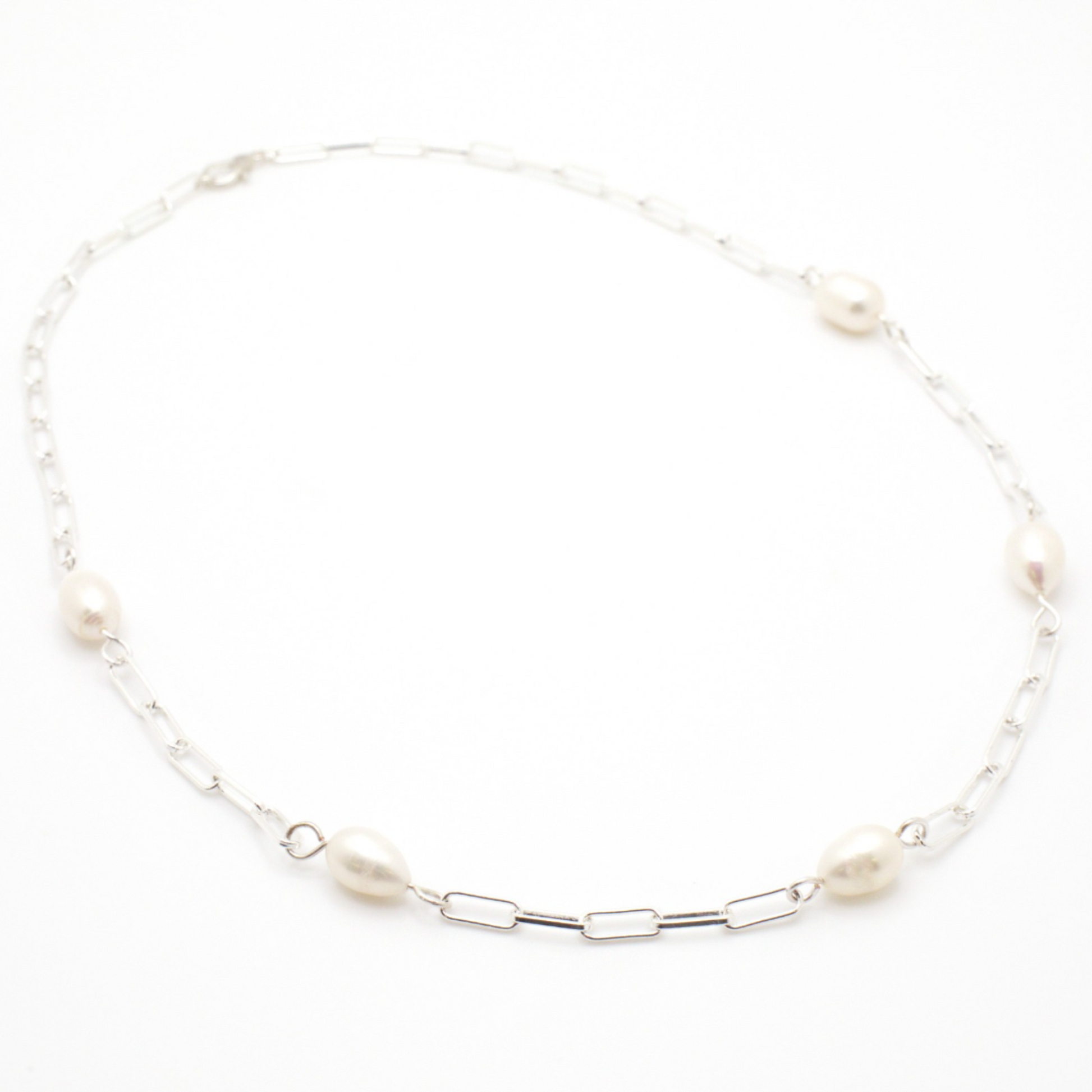 Pearl silver paperclip necklace