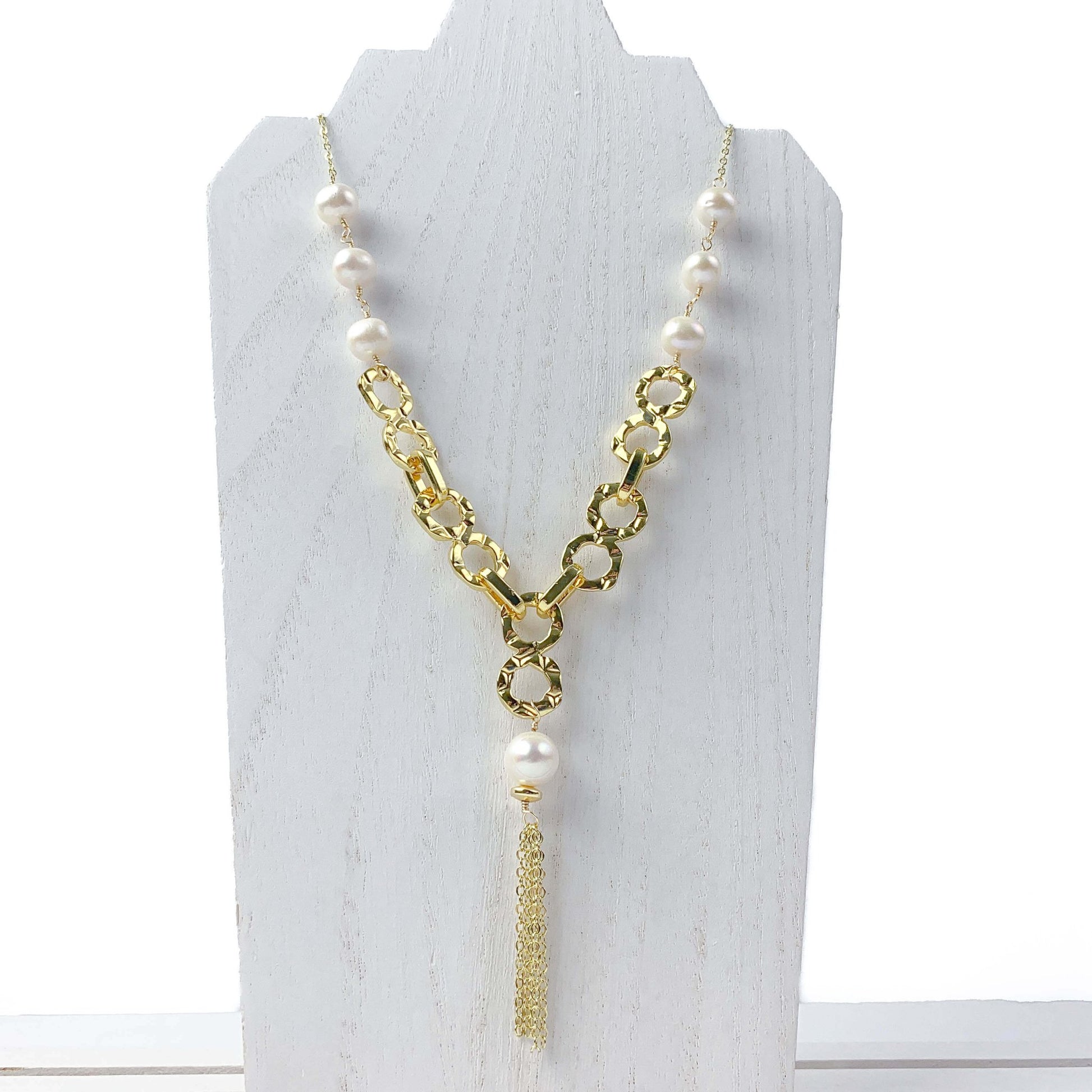 Pearl gold chunky necklace displayed