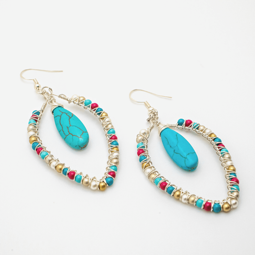 Multicolor turquoise pearl silver earrings