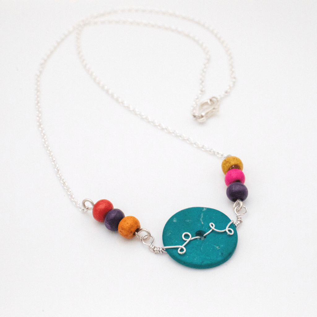 Multicolor wood bead silver necklace