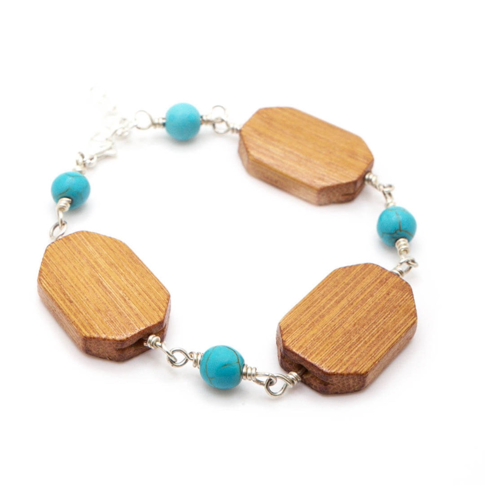 Wood turquoise silver chunky bracelet