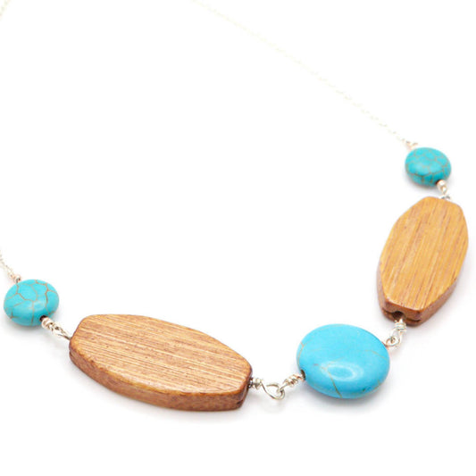 Wood turquoise beads silver necklace