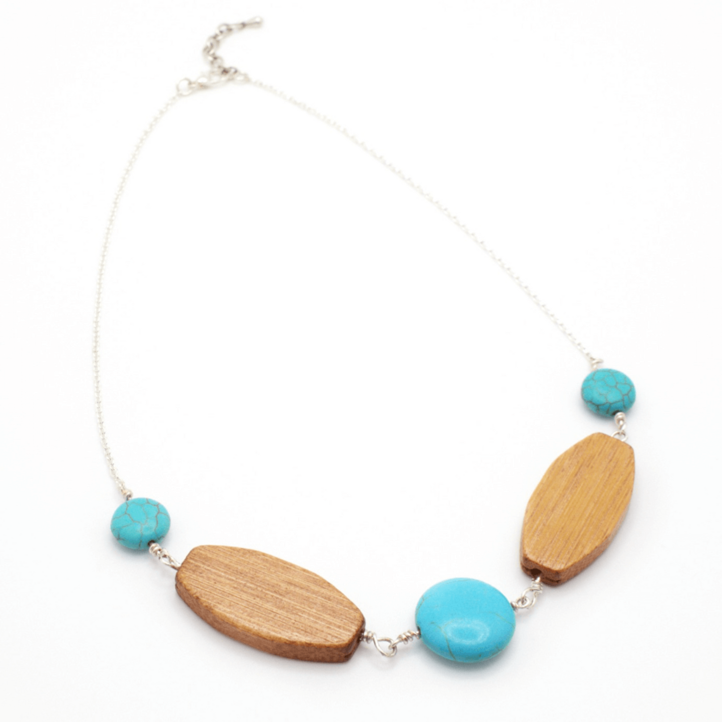 Wood turquoise bead silver necklace