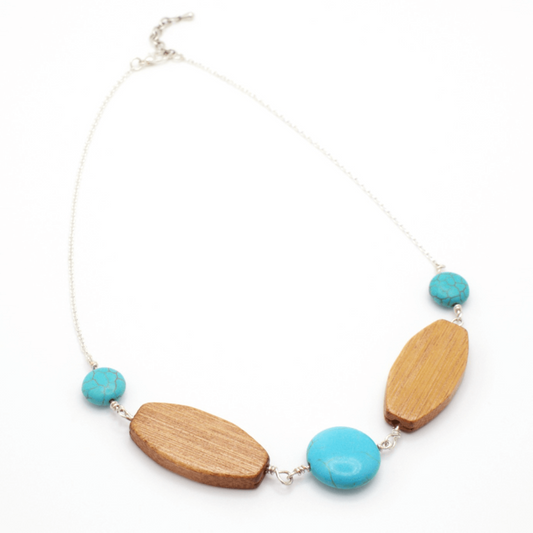 Wood turquoise bead silver necklace