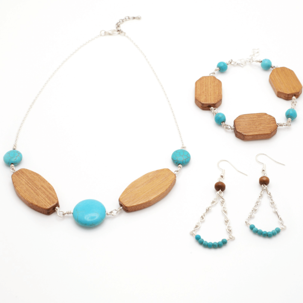 Wood turquoise silver chunky jewelry