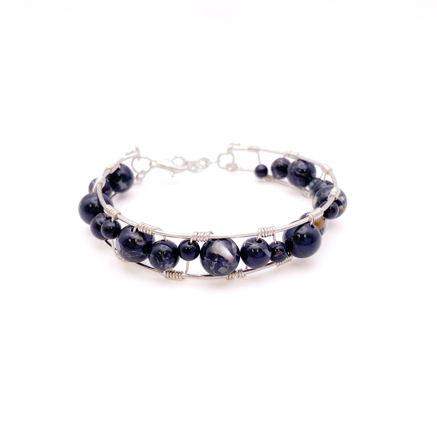 Black jasper silver bangle bracelet