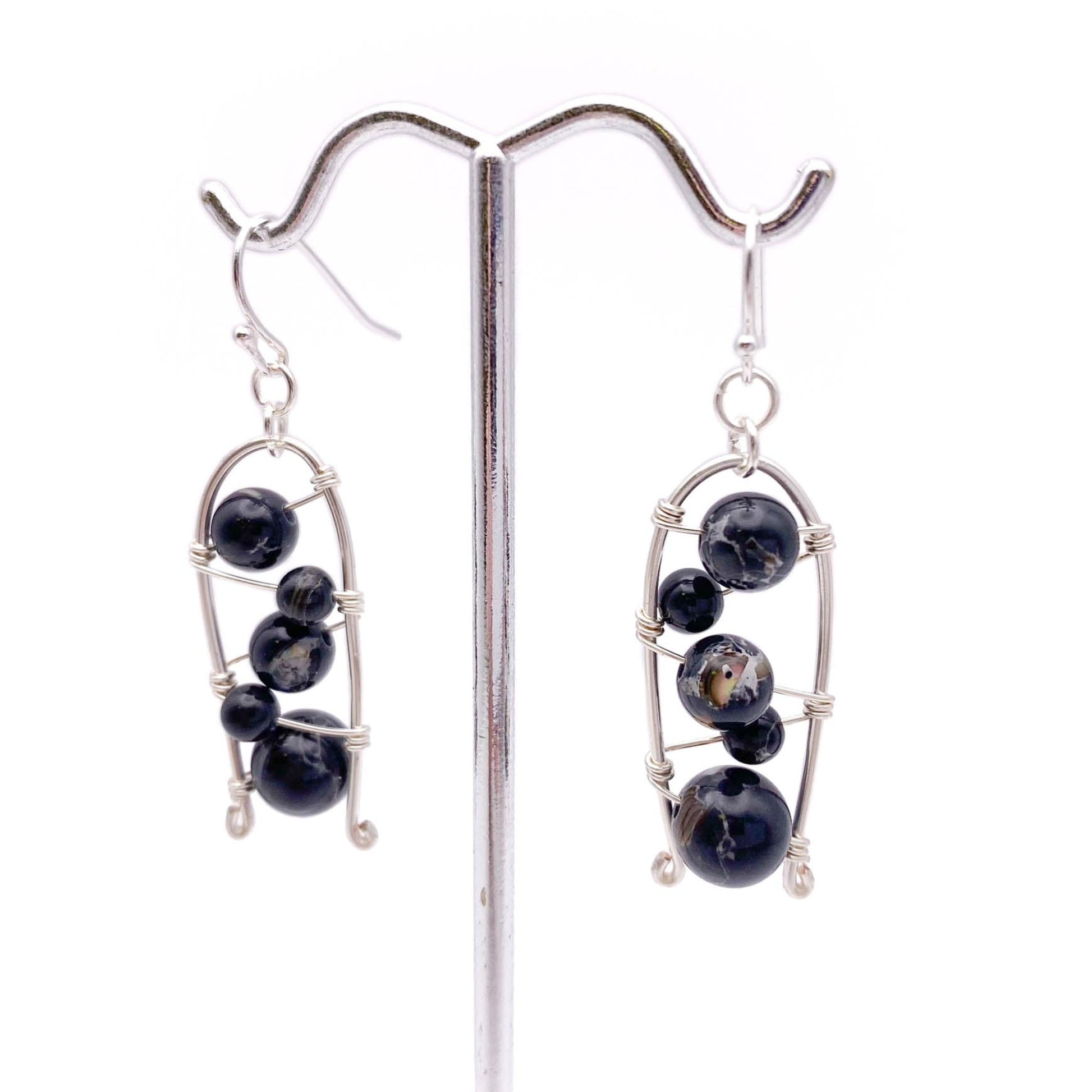 Black jasper silver galaxy earrings