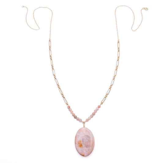 Peach sunstone pendant gold necklace