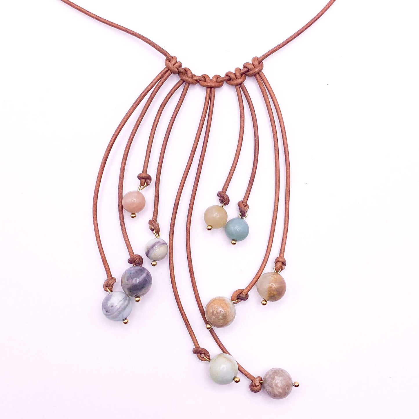 Multicolor amazonite brown leather necklace