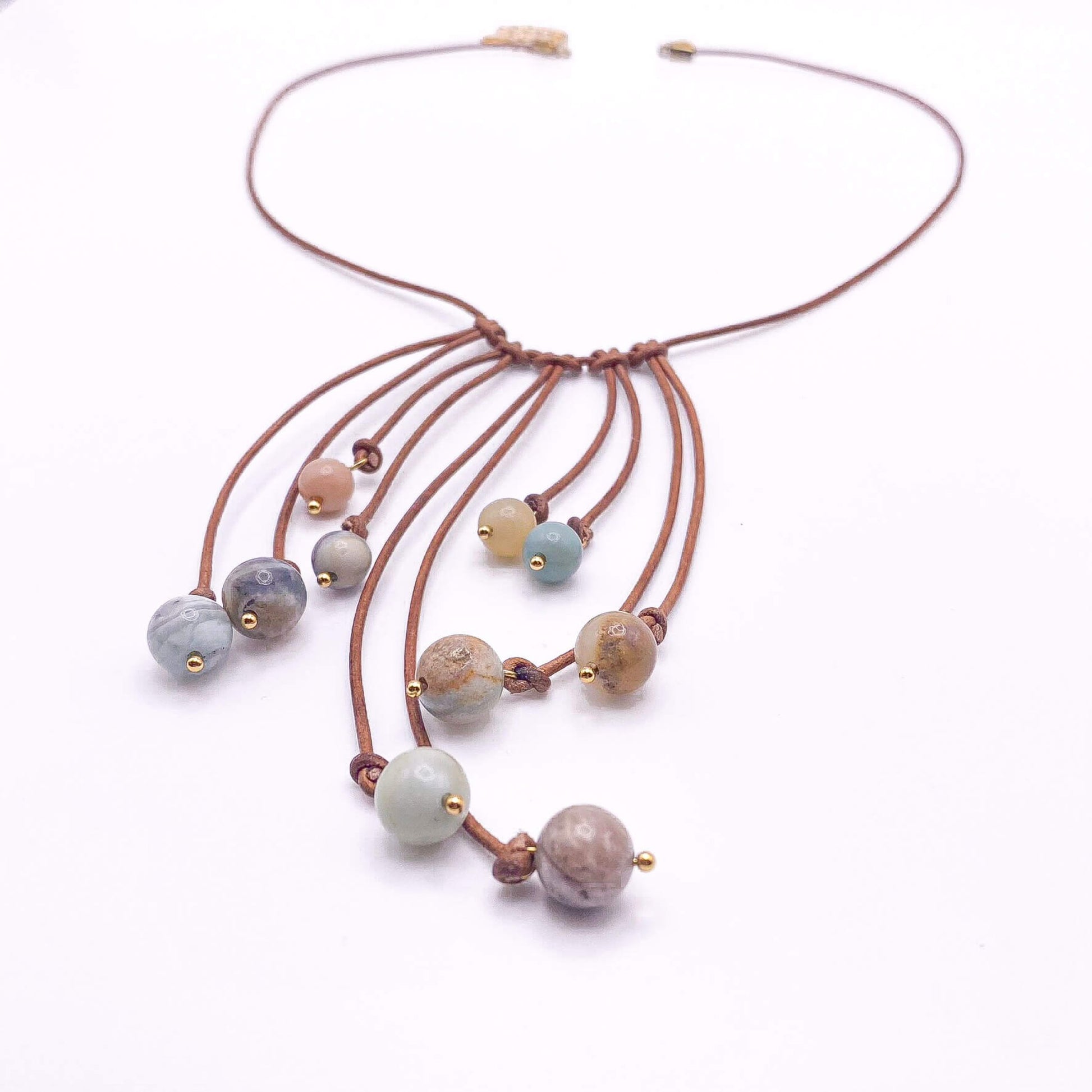 Multicolor amazonite brown leather necklace