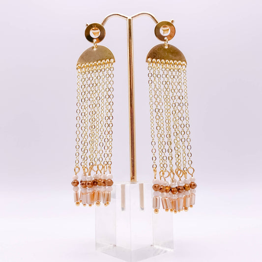 Neutral crystal gold tassel earrings