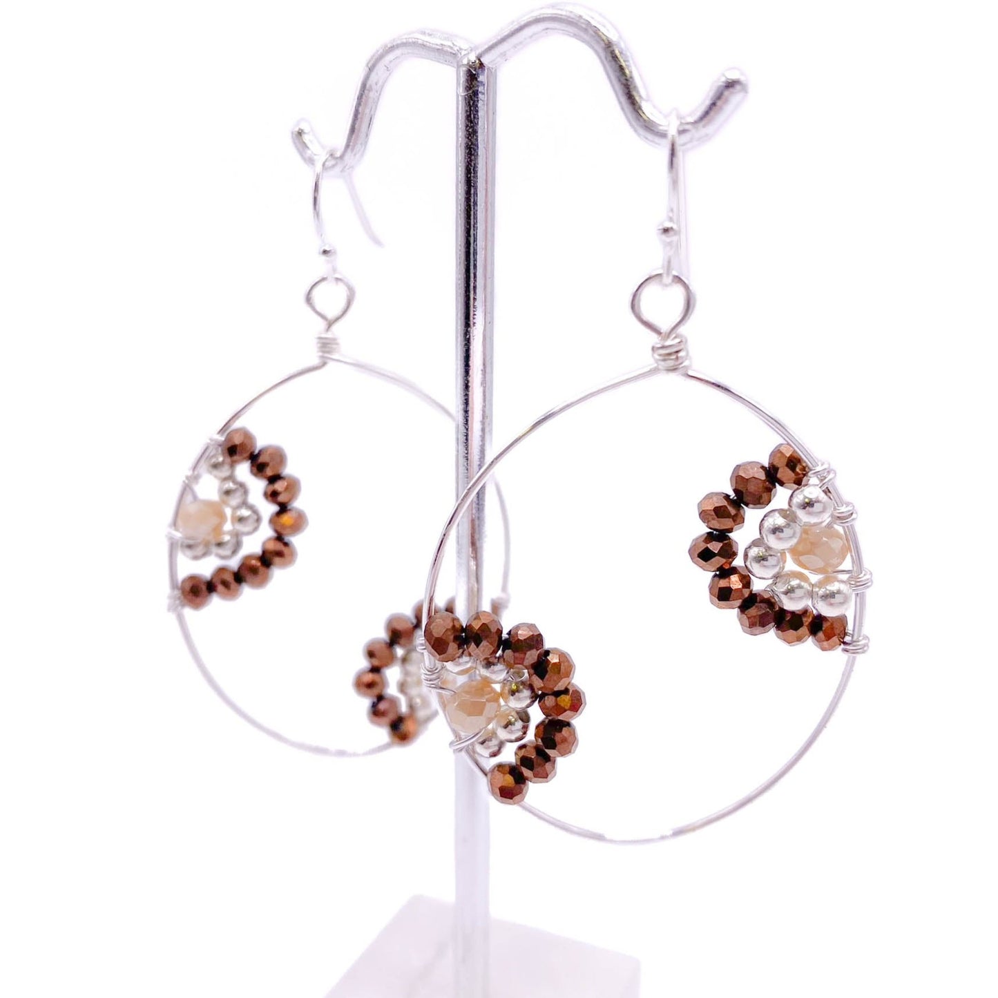 Brown cream silver flower earrings